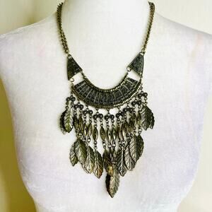 Bronze Tone Layered Bib Dangle Feathers Boho Statement Necklace